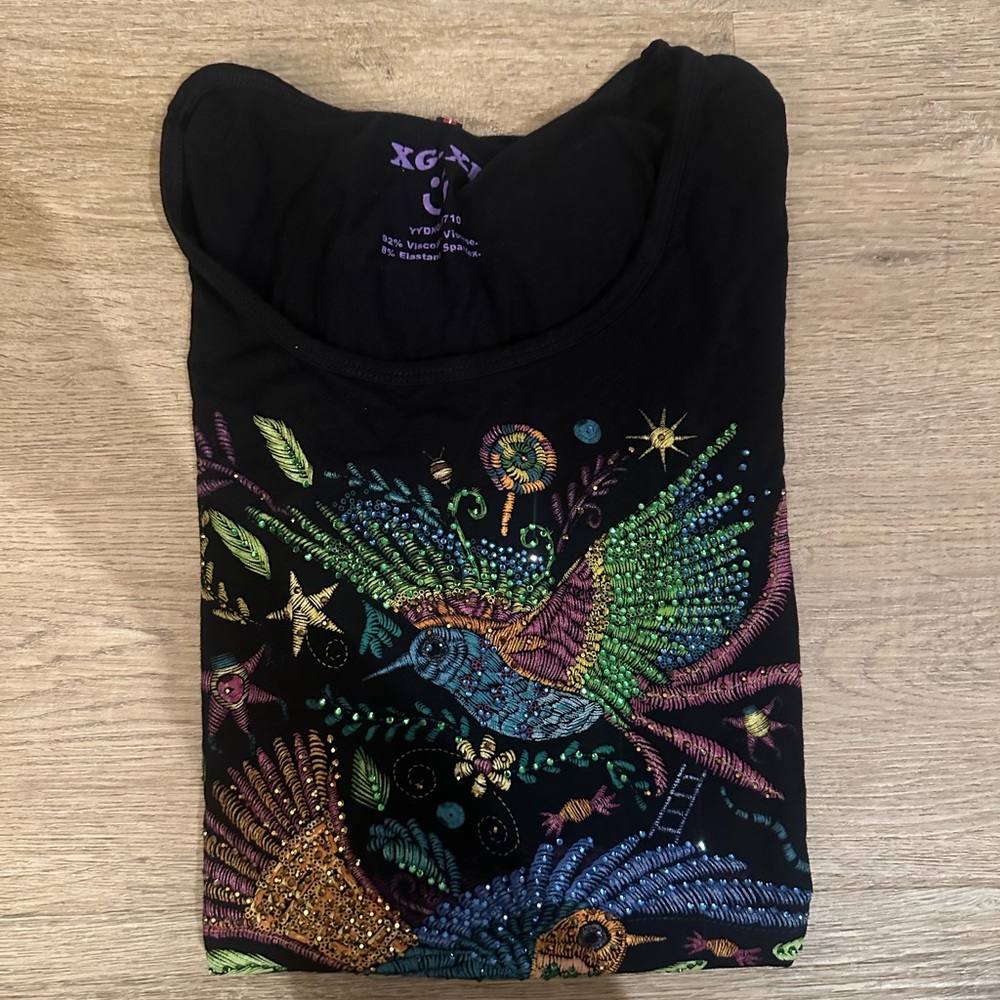 Women's Black Short Sleeve Tee with Colorful Bird Design